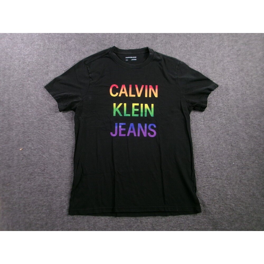 Calvin Klein Shirt Women's Small Black Spell Out Rainbow Logo Causal Crew Neck